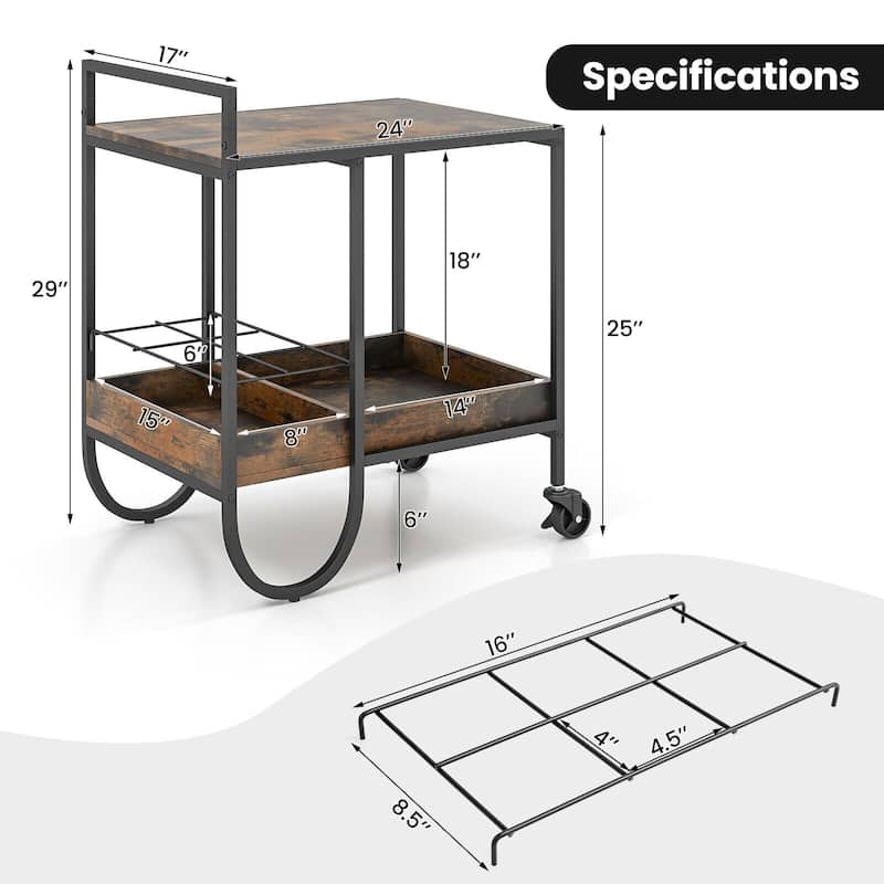 Rolling Buffet Serving Cart with Removable Metal Wire Wine Rack-Brown - 24" x 17" x 29" (L x W x H)
