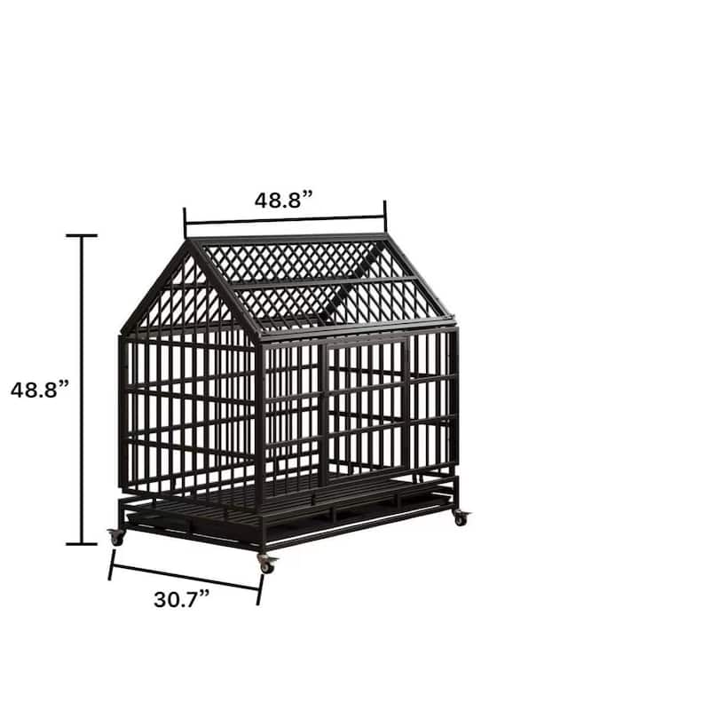 48 Inch Heavy Duty Dog Crate with Wheels, Folding Big Dog Cage for Large and Medium Dogs with a pointed roof and Removable Tray