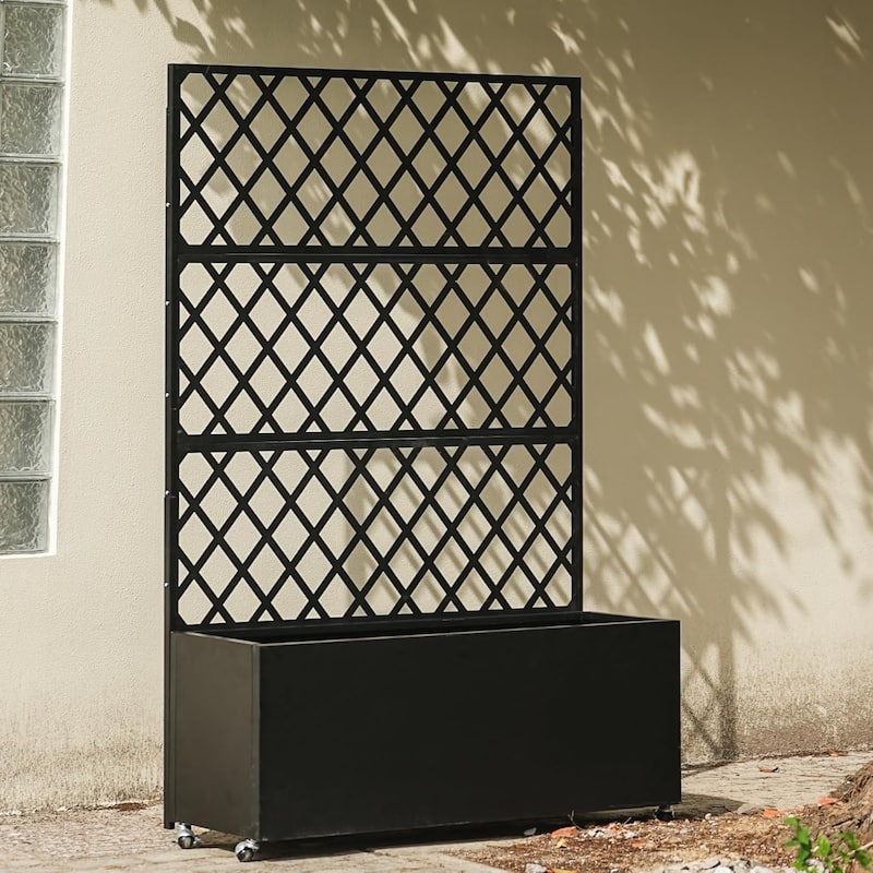 70x35x15Inch Large Elevated Galvanized Steel Garden Bed with Trellis and Privacy Screen Outdoor Planter Box on Locking Wheels