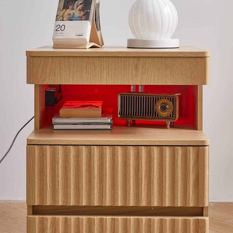 Modern Bedside Table with Gun Drawer,Bedside Table with Charging Station, 2 Drawers and Open Shelf,Side Table for Bedroom