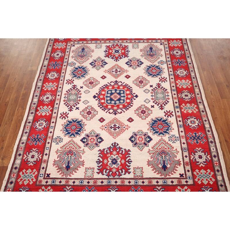 Geometric Kazak Area Rug Hand-Knotted Bedroom Beige Wool Carpet - 5'2" x 6'7"