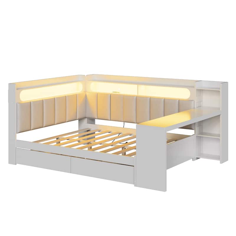 Full Daybed with Storage Shelves Built-in Charging Station LED Light, L-shape Upholstered Sofa Bed with 2 Drawers, Cabinet, Desk