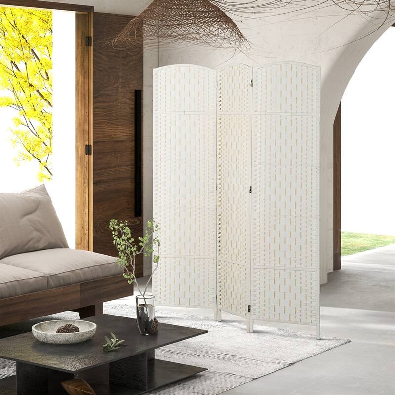 Nature Wood-White Poplar Paper Rope Folding Room Divider with Panels