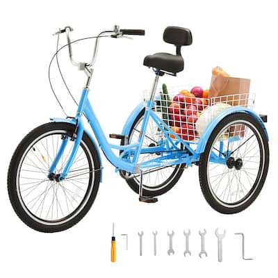 Blue Carbon Steel Adult Tricycle with Large Basket and Adjustable Height - 68.5” L x 29.9” W x 44.9” H
