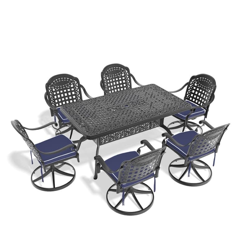 7-Piece Aluminum Rectangular Outdoor Patio Dining Set, 6 Cushioned Swivel Chairs, Table, All-Weather Frames