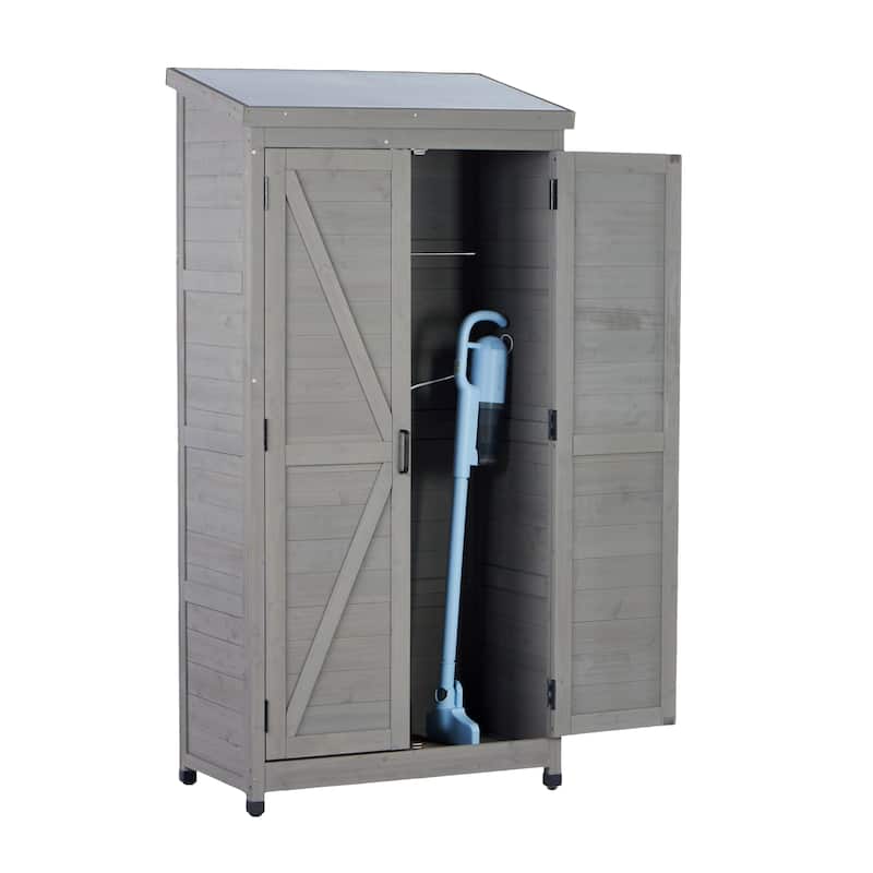 Outdoor Wooden Storage Shed with Metal Top Tall Vertical Tool Cabinet for Backyard Garden Patio Lawn