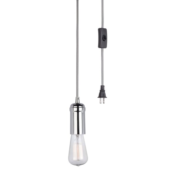 Globe Electric 12591 1 Light Plug-In Mini Pendant with Grey Cord, Chrome Socket On/Off Switch and Exposed Bulb