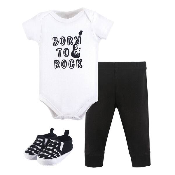 slide 1 of 1, Little Treasure Baby Boy Cotton Bodysuit, Pant and Shoe 3pc Set, Born To Rock 0-3 Months - Born To Rock