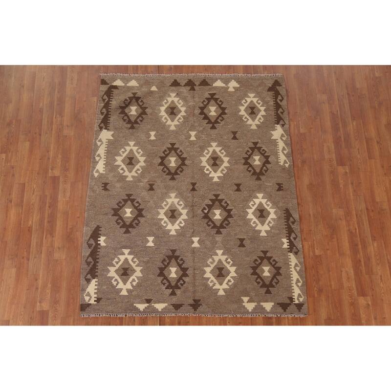 Hand Woven Oriental 100% Wool Carpet Southwestern Geometric Brown Kilim Area Rug - 6' 5'' X 5' 2''
