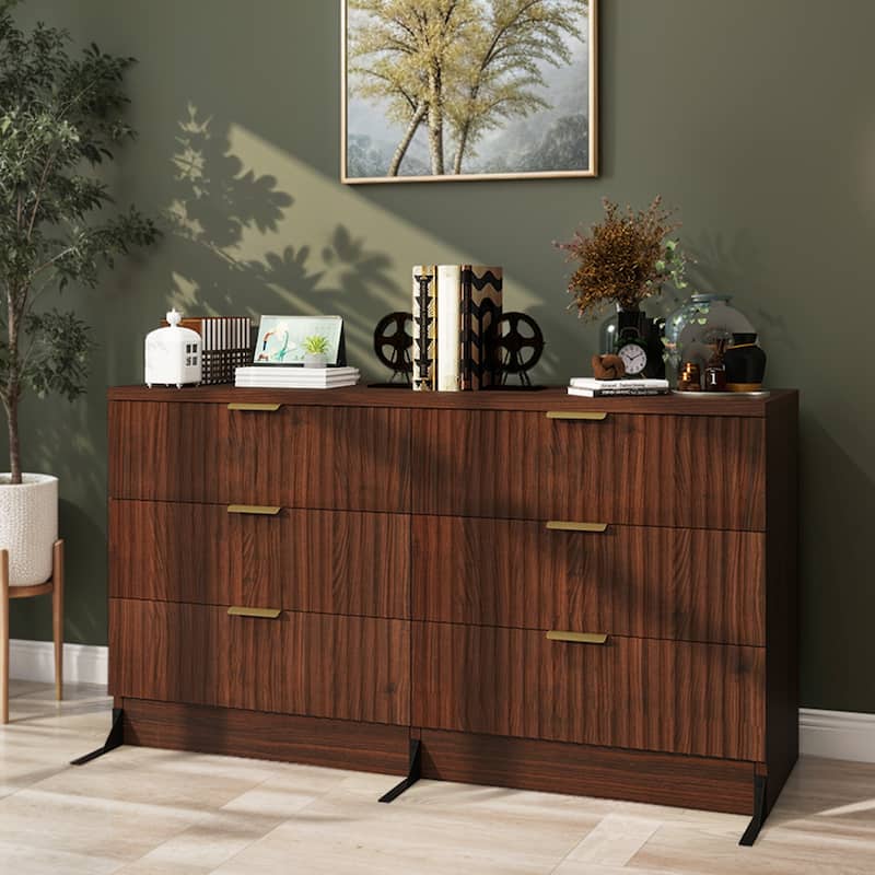 Moasis 6-drawer Dresser Double Chest of Drawer Dresser with Fluted Panel - Brown - 6-drawer