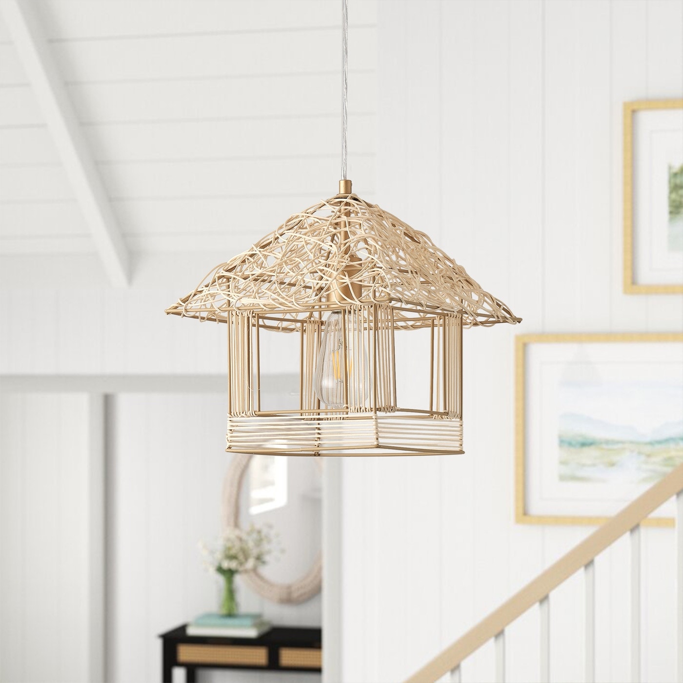 Farmhouse 1-Light Creative Rattan Woven House-Shaped Pendant Lighting Fixture - Gold ad5391, image size:1400x1400