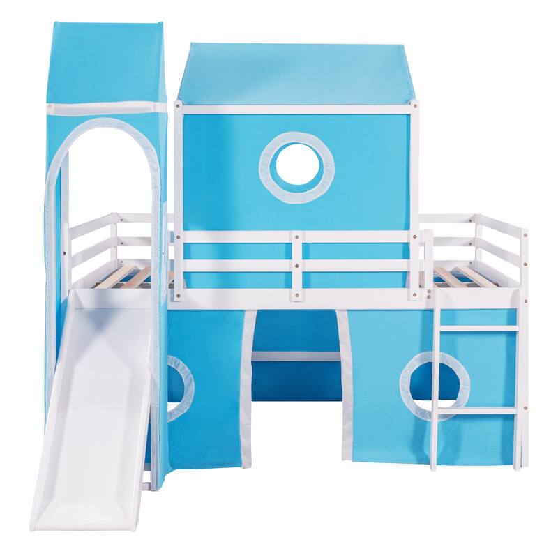 Twin/Full Size Kids Loft Bed with Slide and Tent, House Loft Bed with Tower and Ladder, Wood Loft Bed Playhouse Bed Frame