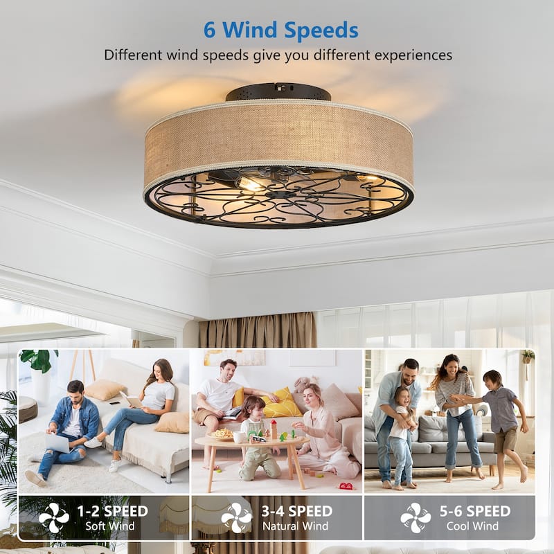 20 Inch Caged Ceiling Fans with Lights Flush Mount,Fabric Farmhouse Bladeless Ceiling Fan with Remote(Bulb Not Included) - Black