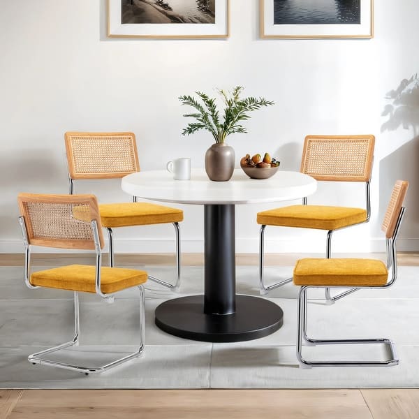 slide 2 of 8, Bauhaus Cantilever Rattan Cane Side Dining Chairs Set of 4 - Yellow