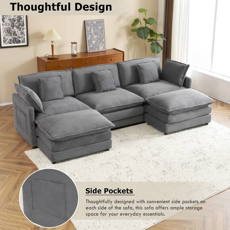 Roomfitters Large Modular Corduroy L-Shape Sectional Sofa with Side Storage Pockets for Living Room Functionality