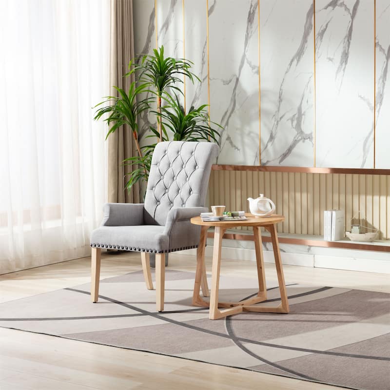 Fabric Upholstered High Back Arm Dining Chair with Oak Wood Legs - Light Gray