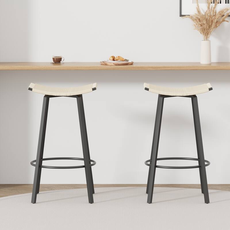 Counter Height Bar Stools, Backless Handwoven Kitchen Dining Chairs with Round Footrest Set of 2 PVC Weaving Pub Stool