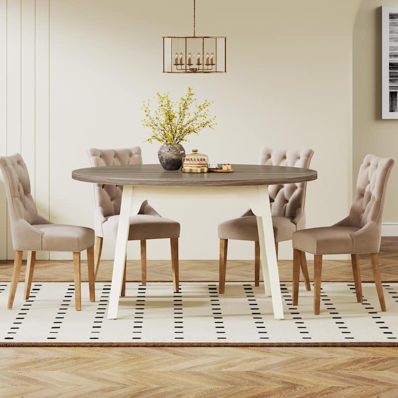 47 Inch Round Dining Table for 4, Farmhouse Kitchen Table - Brown and White