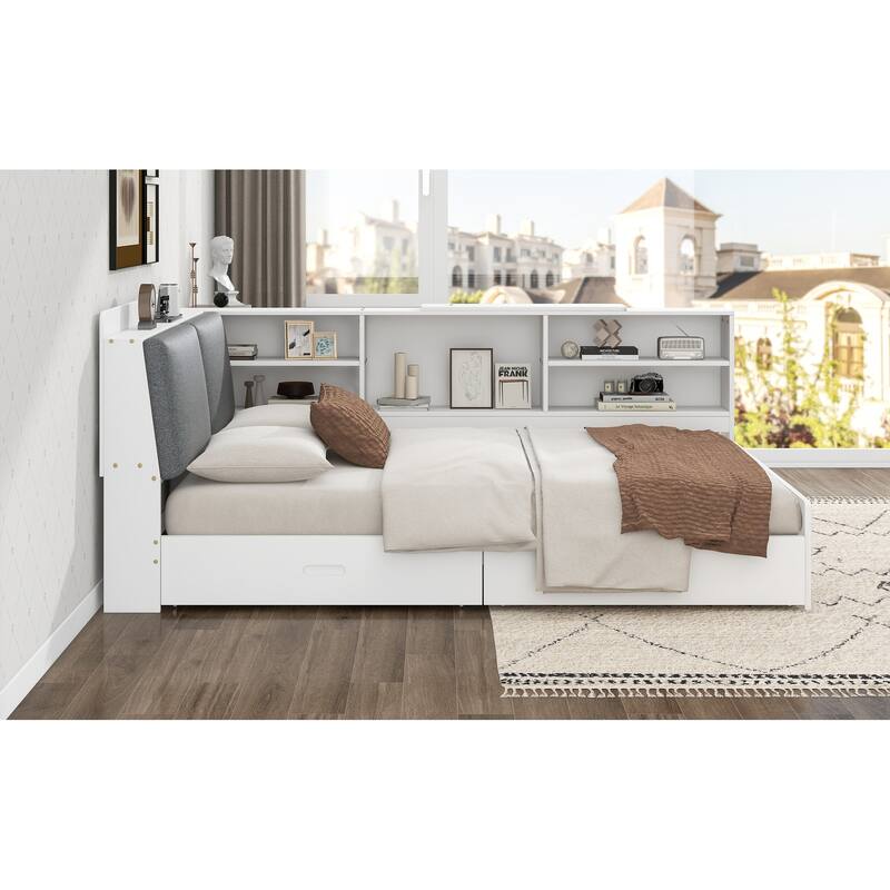 Full Size Wood Platform Bed with Upholstered Headboard, Built-In Shelves, Rotating Tray, and 2 Storage Drawers