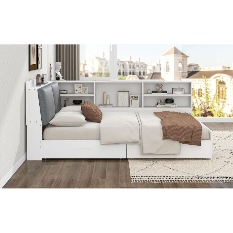 Roomfitters Full Wood Platform Bed with Storage Headboard and Functional Open Shelf System