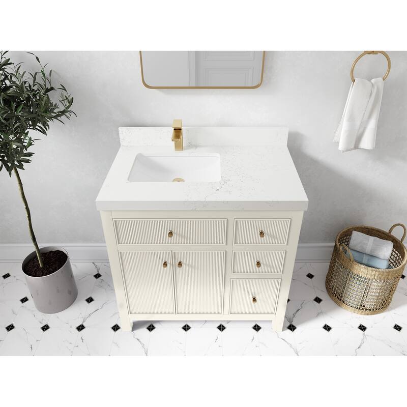 Willow Collections 36 in W x 22 in D Sonoma Left Offset Free Standing Reeded Bathroom Vanity with Countertop - 2”Empira White - Ivory