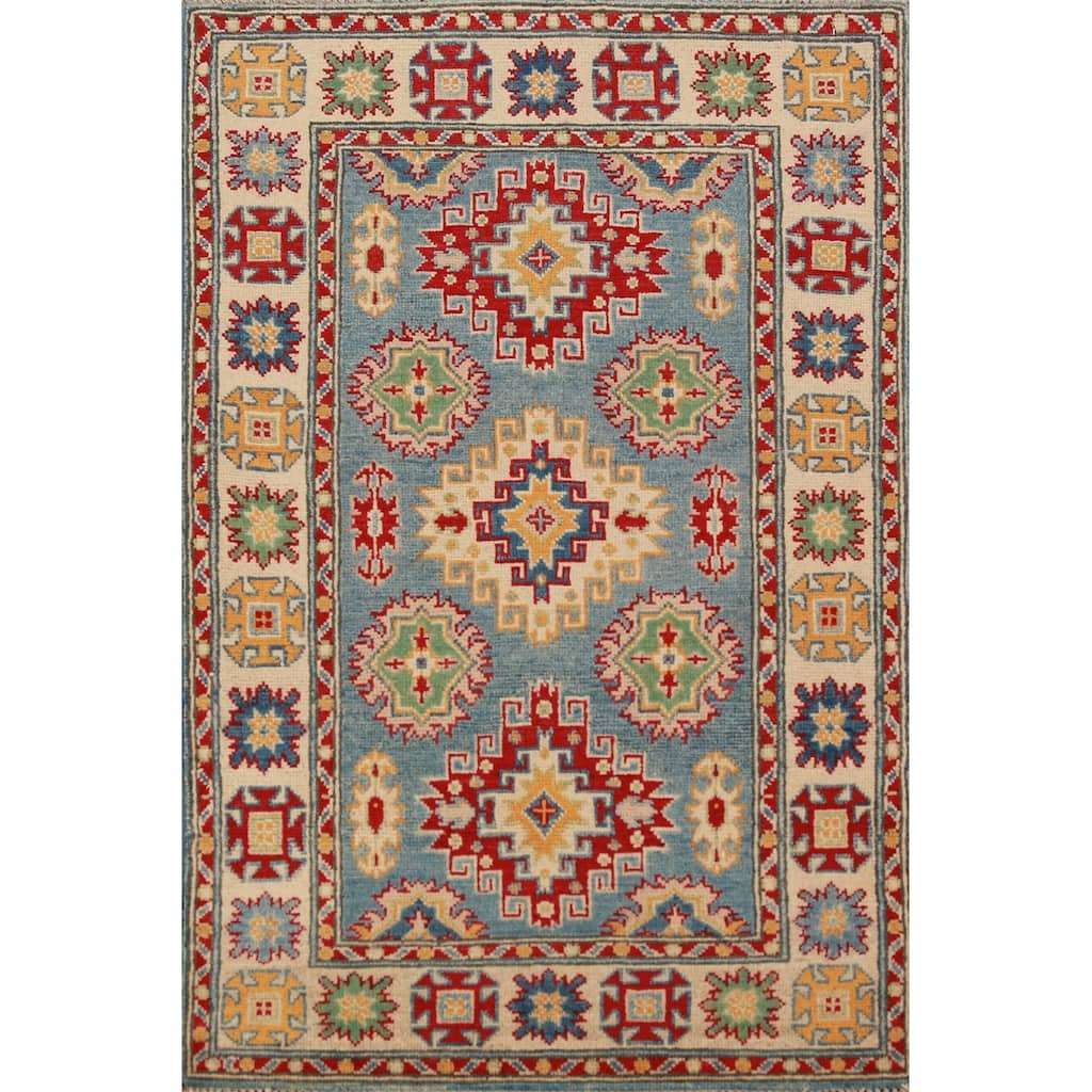 Light Blue Traditional Kazak Foyer Rug Hand-Knotted Wool Carpet - 2'7"x 3'11"