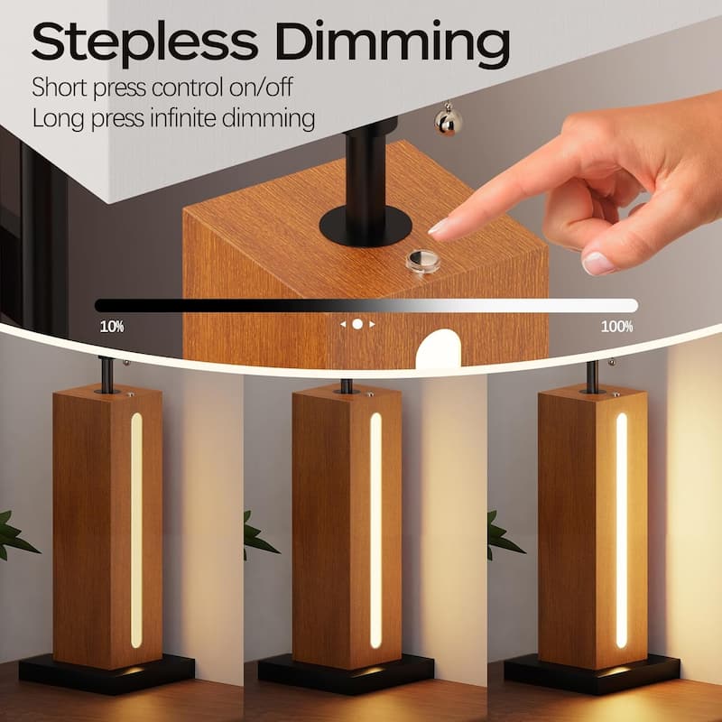 Table Lamps Set Of 2, Modern Dimmable Bedside Lamp With LED Nightlight, Square Wood Grain Nightstand Lamps With Linen Shades