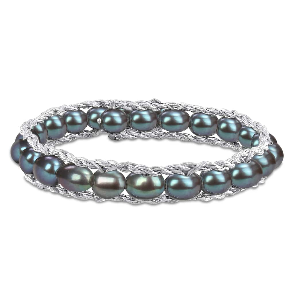 Miadora 6-7mm Black Cultured Freshwater Pearl Bangle Bracelet in Sterling Silver