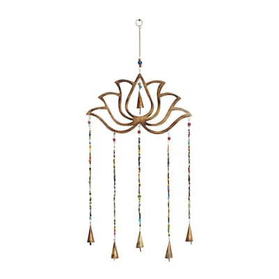 Mango Wood Floral Lotus Windchime with Glass Beads and Cone Bells - Gold - Roche River Decor