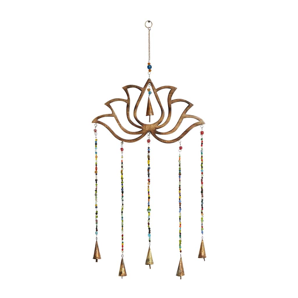 Mango Wood Floral Lotus Windchime with Glass Beads and Cone Bells - Gold - Roche River Decor