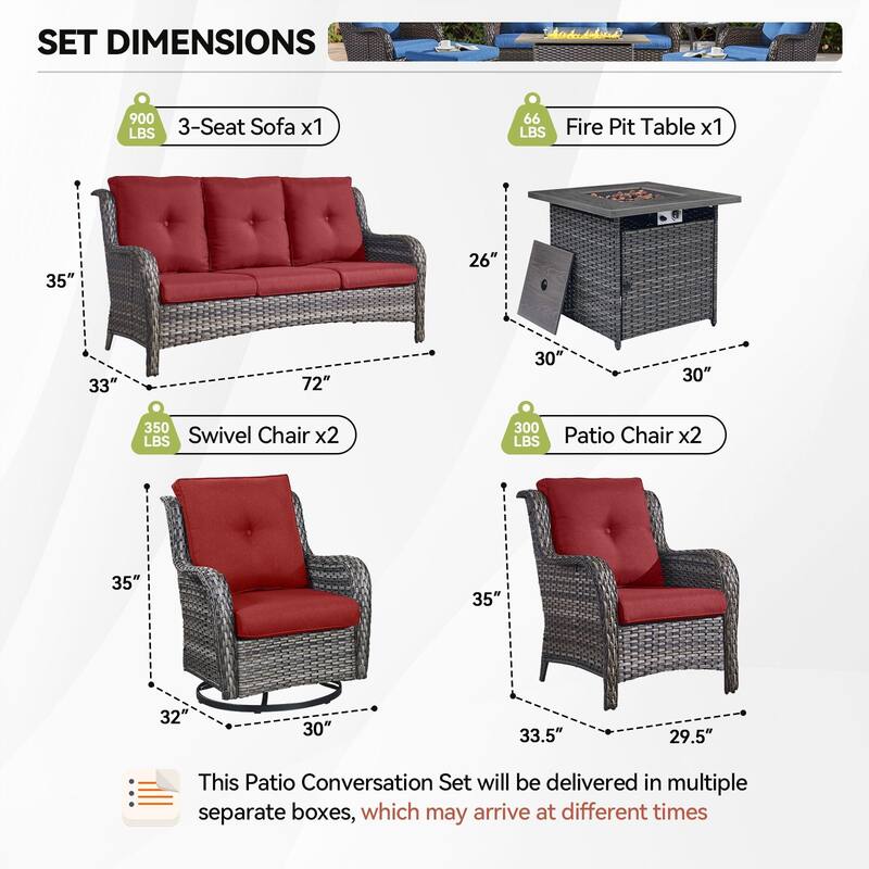 Fire Pit Table with Sofa 2 Swivel Chairs, 2 Patio Chairs