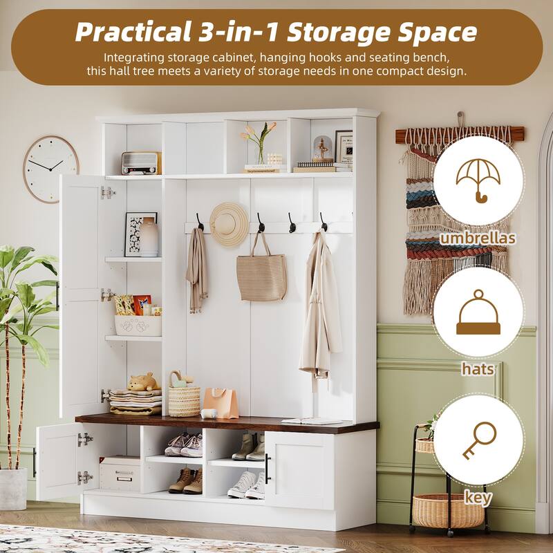 Versatile 3-in-1 Farmhouse Hall Tree with with 6 Hooks & Adjustable Shelves - Walnut Storage Benchr