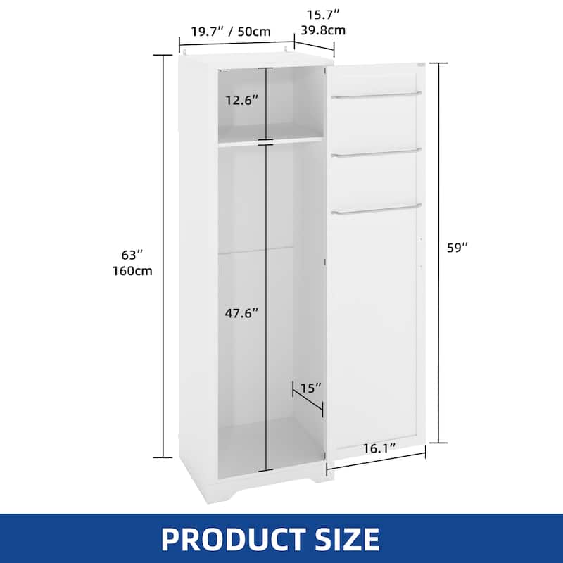 Moasis 63" Tall Barn Door Wooden Cleaning Tool Cabinet with Storage Rack and Sleek Hanging Rods