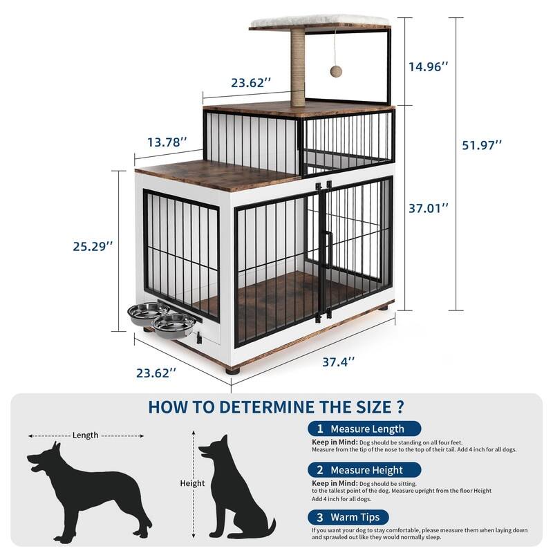 2-in-1 Dog Crate & Cat Tree - XL Wooden Pet Furniture w/Scratching Post & Bowls for Homes w/Both Dogs & Cats