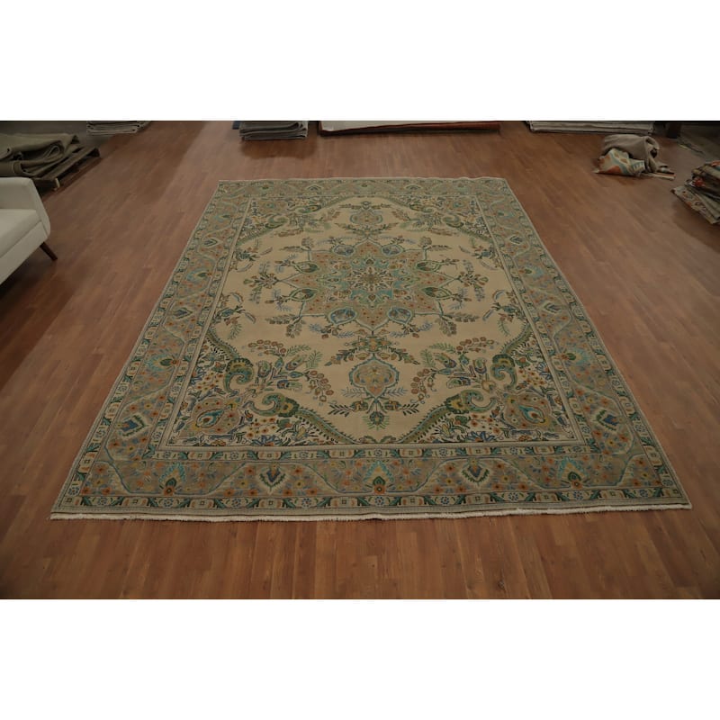 Hand Knotted Oriental 100% Wool Carpet Traditional Floral Beige & Ivories Tabriz Area Rug - 12' 7'' X 9' 6''