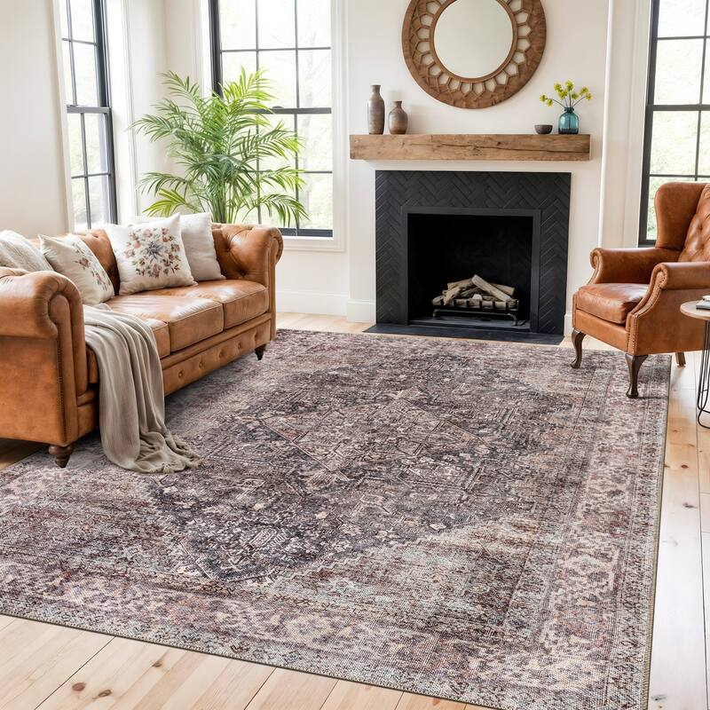 Classic Washable Non-Slip Area Rug, Flat Pile Design for Any Room - 7'7" x 9'6" - Charcoal
