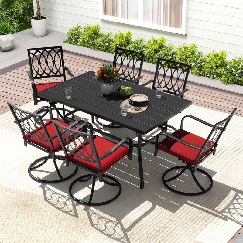 Metal Patio Dining Set with Umbrella Hole, Swivel Chairs with Cushions - 7PCS