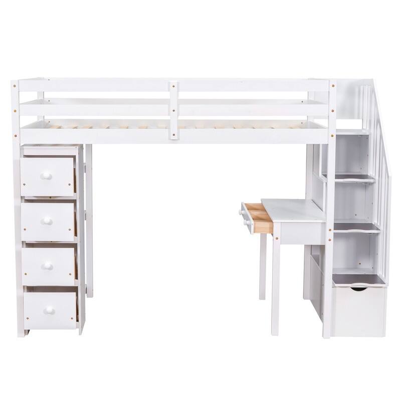 Twin Size Loft Bed with Hidden Storage Drawers Desk and Stairs, White