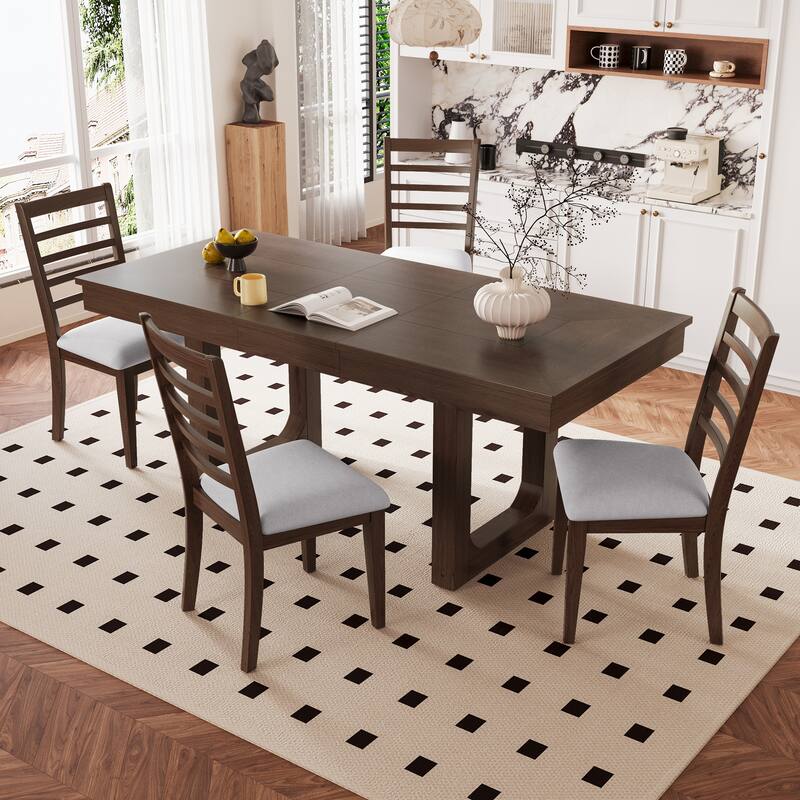 60"-78" Extendable Dining Table with Smooth Rails, Wooden Kitchen Table with Removable Leaf, Double U-Shape Base