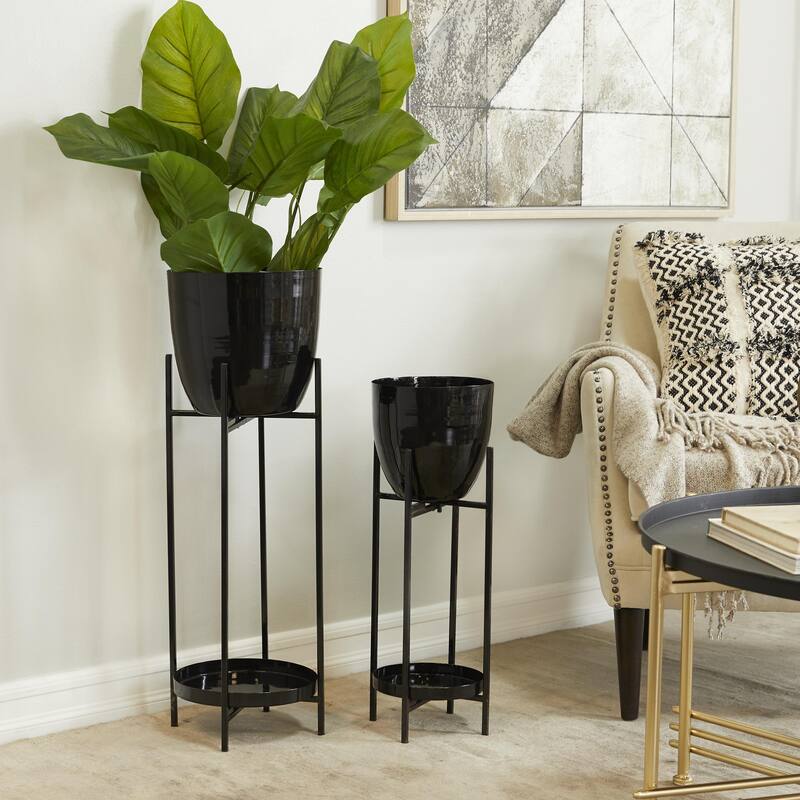 Metal Indoor Outdoor Planter with Removable Stand - Set of 2 Silver, Gold, Black - CosmoLiving by Cosmopolitan
