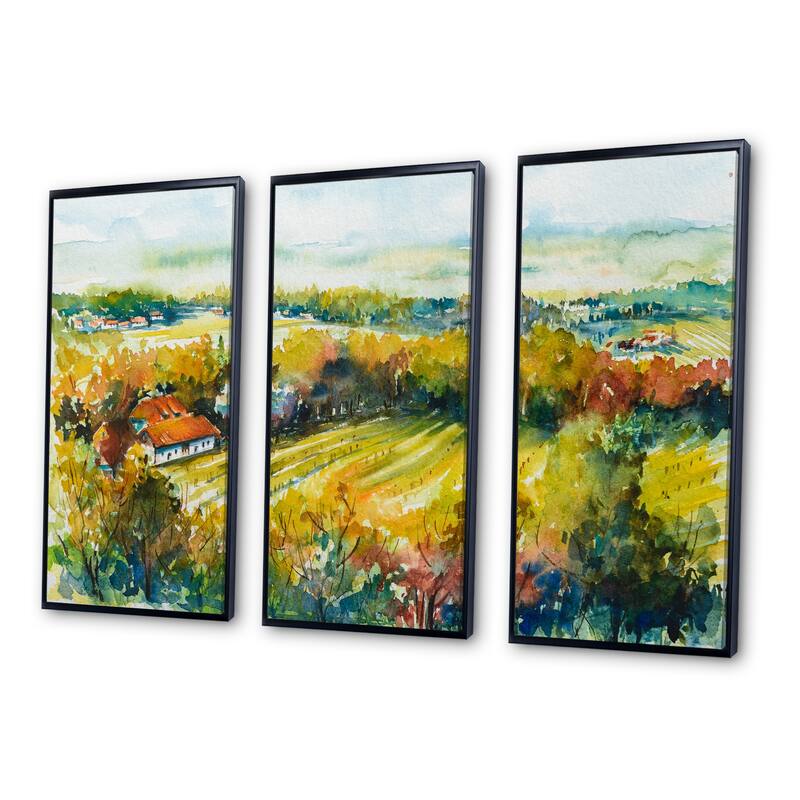 Designart "Rural Autumn Landscape" Country Framed Wall Art Set of 3 4