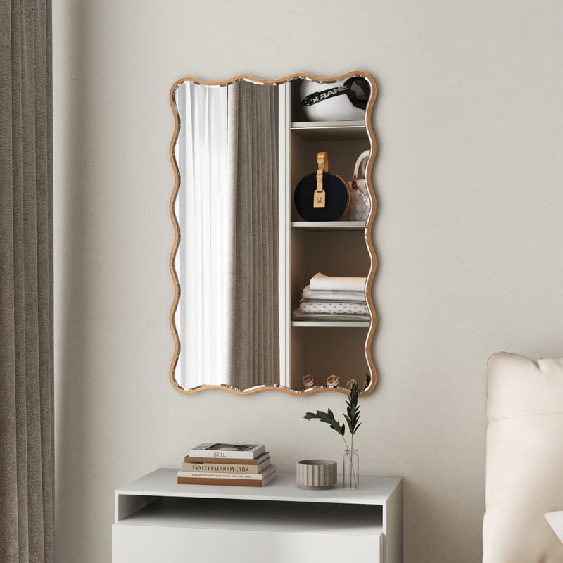 Antique Gold Wall Mirror Rectangle Wave Metal Accent Mirror - 30"×20"