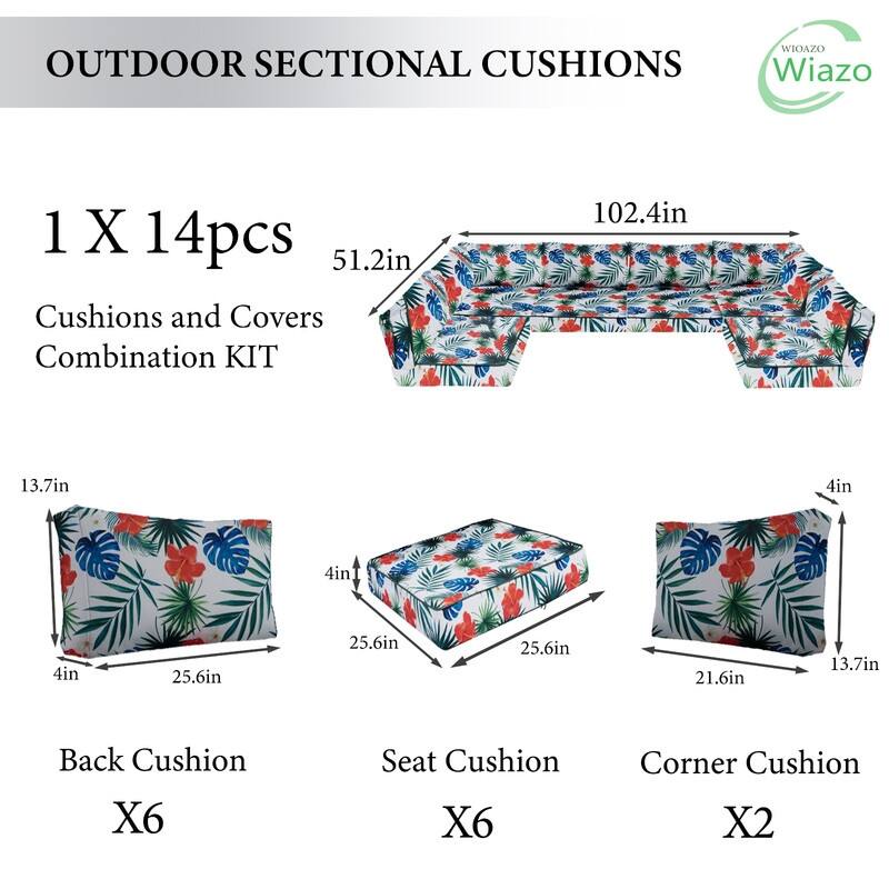 14pcs Outdoor Couch Cushions,4" Waterproof Sectional Rattan Conversation Set Cushions(Only Cushions+Covers,No Sofa) - 14PCS