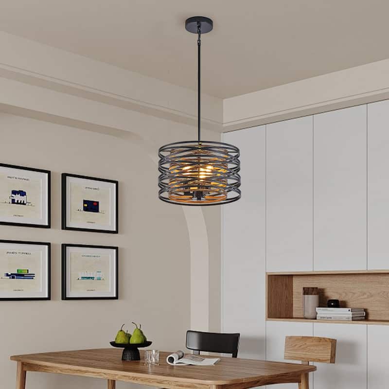 13" Rustic Industrial Pendant Light, 3-Light Black and Walnut Metal Cage Chandelier with Wood Accents (No Bulbs) - Walnut