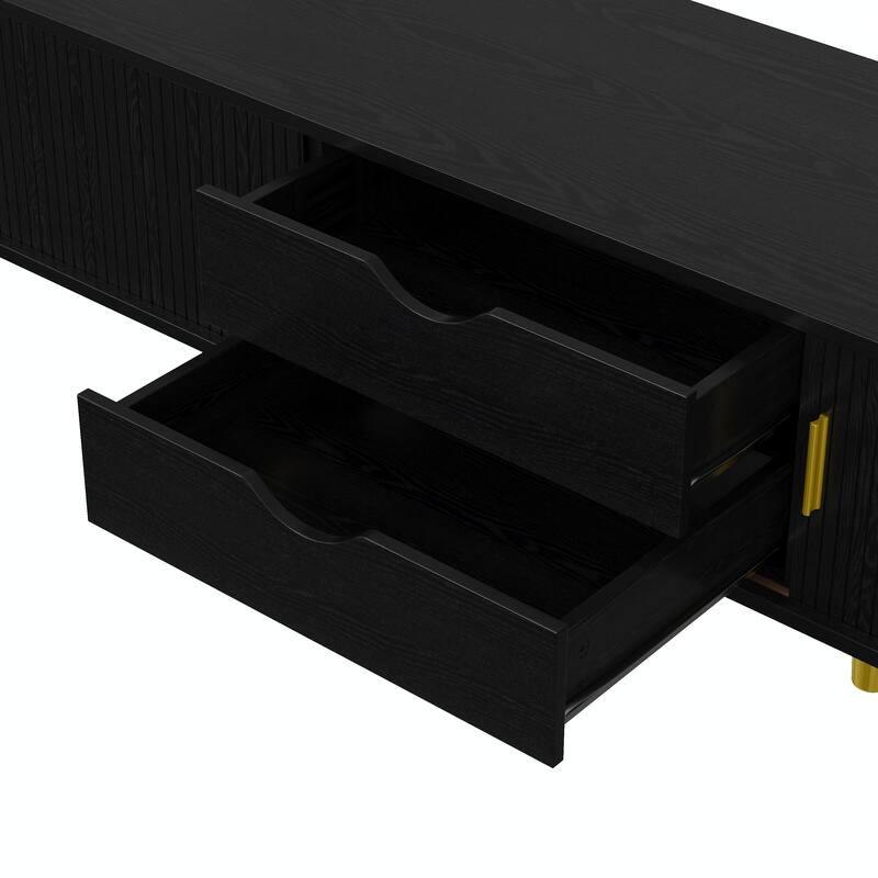 Wooden Oval Fluted TV Stand with Charging Station for TV up to 80", Mid-Century Media Console with Sliding Tambour Door