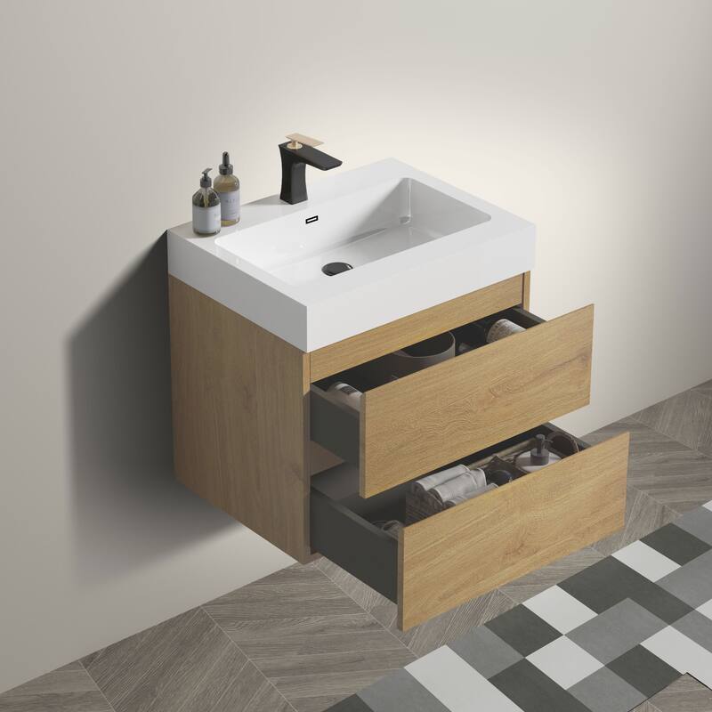 Wall-Mounted Bathroom Vanity with Solid Surface Integrated White Sink, Natural Oak Finish, Maximized Storage Drawers