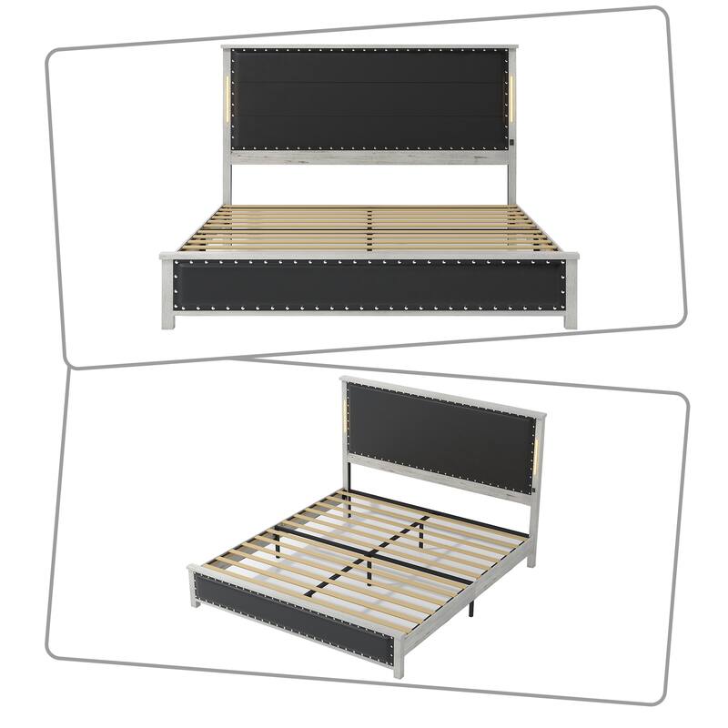 Modern luxury style upholstered bed frame with LED lighted headboard, charging port and nailhead trim for bedroom