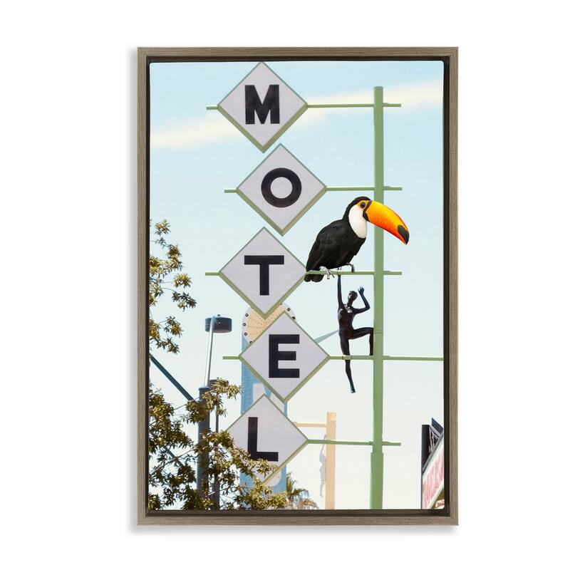 Stupell Toucan on Motel Sign Framed Floater Canvas Wall Art Design By Ashley Singleton - 17 x 25 - Brown
