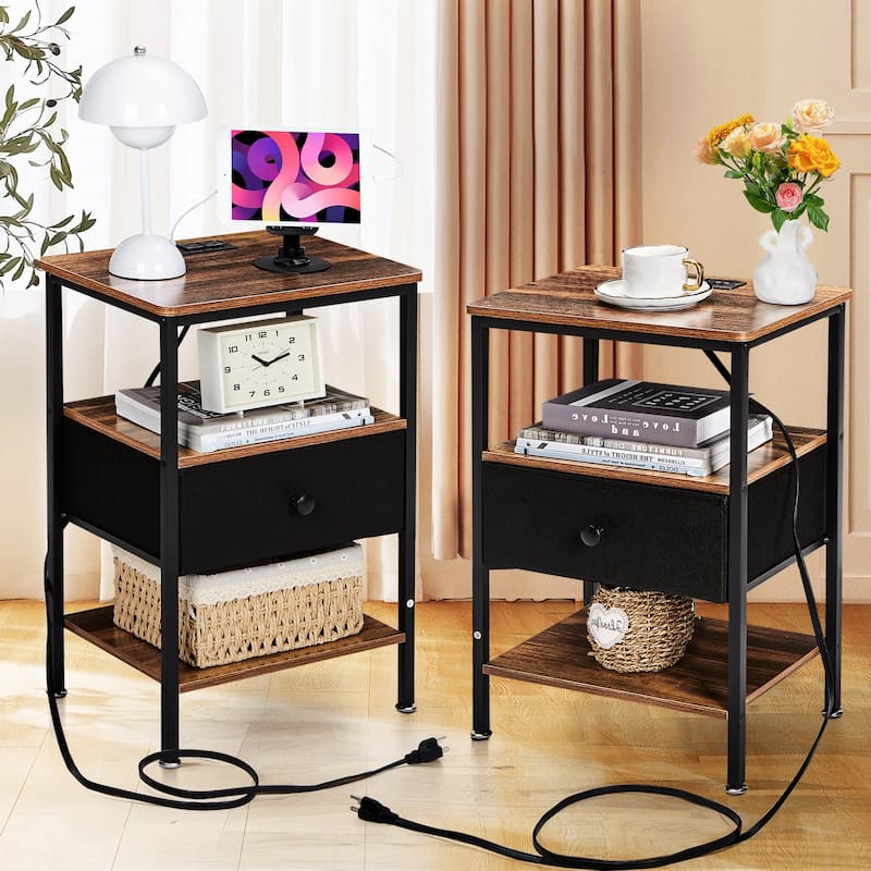 VECELO Nightstand Set with Charging Station 2 AC Outlets & 2 USB Ports 24-Inch High nightstand with Fabric Drawer 2 Open Shelves - Brown