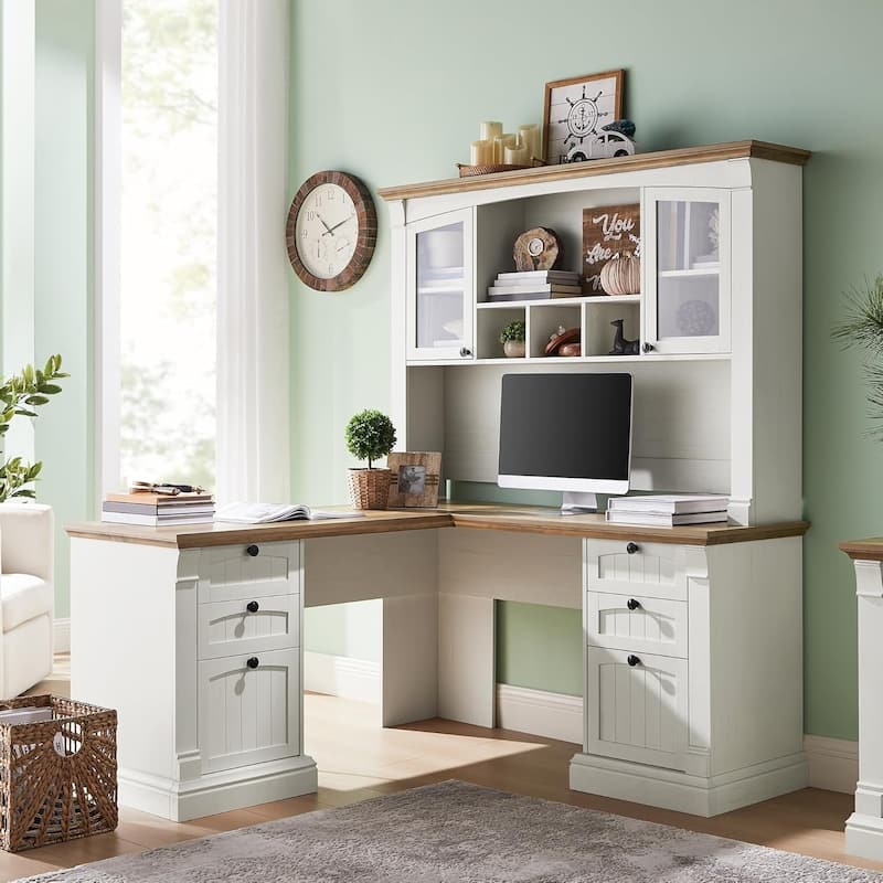 Farmhouse Computer Desk with Hutch, Wood Home Office Desk
